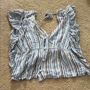 Altar'd State White and Blue Ruffled Blouse